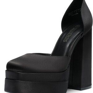 Women’s Satin Platform Heels Black 5.5 Inch Block Chunky Square Toe Ankle Strap